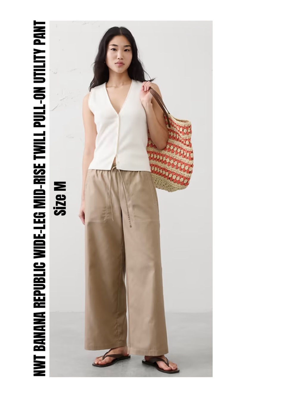 BANANA REPUBLIC WIDE-LEG MID-RISE TWILL PULL-ON UTILITY PANT Size M